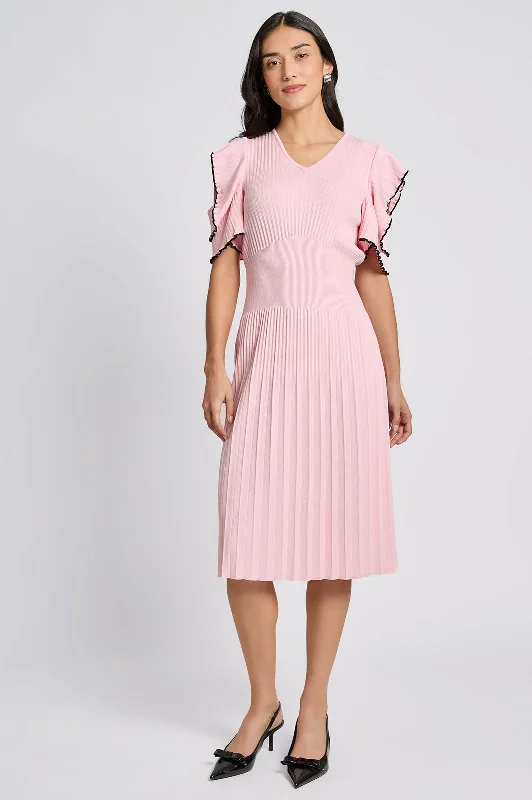 Fit-N-Flare Ruffle Sleeve Soft Rib Knit Dress Tunics Chic elegant