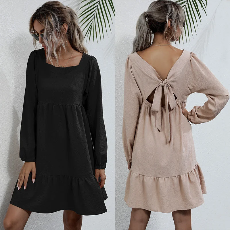 IKEARLAX Cross-border  autumn and winter long-sleeved square neck bow backless office skirt pleated loose doll dress women Tunics Practical easy-care
