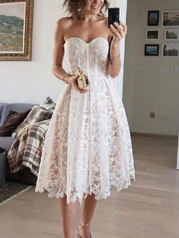 Zjkrl 2023 Spring Summer Formal Evening Dress Women's Lace Embroidery Strapless A-line Tunic Midi Birthday Party Dresses White Purple Tunics Fleece cozy