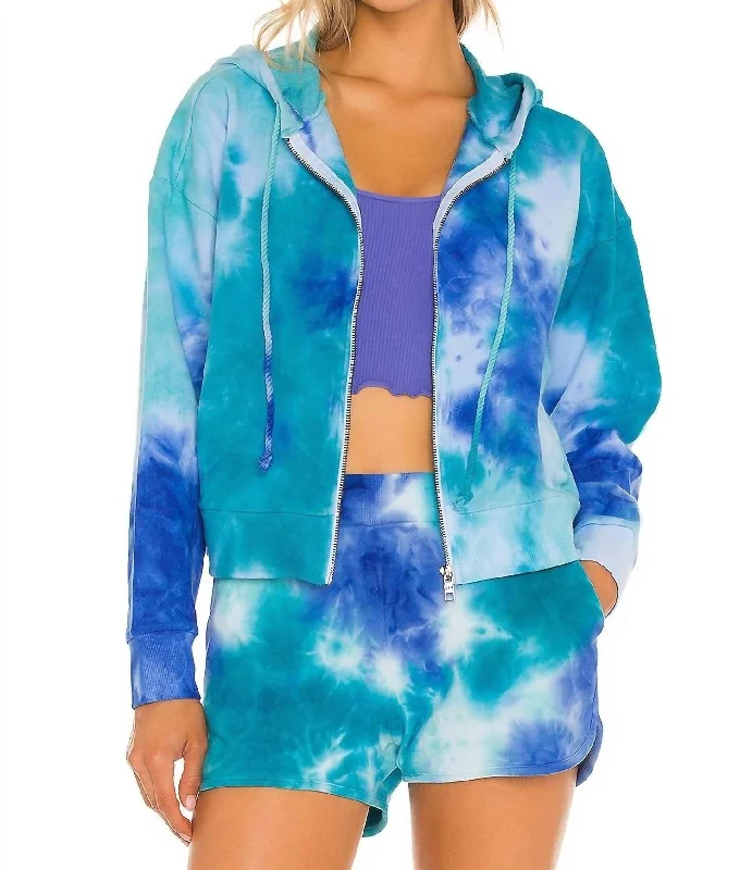 Tie Dye Zip Hoodie in Baja Blue Multi Hoodie with Snap Buttons Easy Quick
