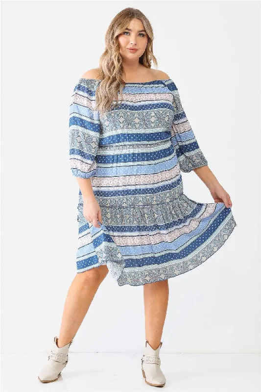 Plus Size Stripe Textured Ruffle Flare Hem Midi Dress Tunics Luxurious high-end