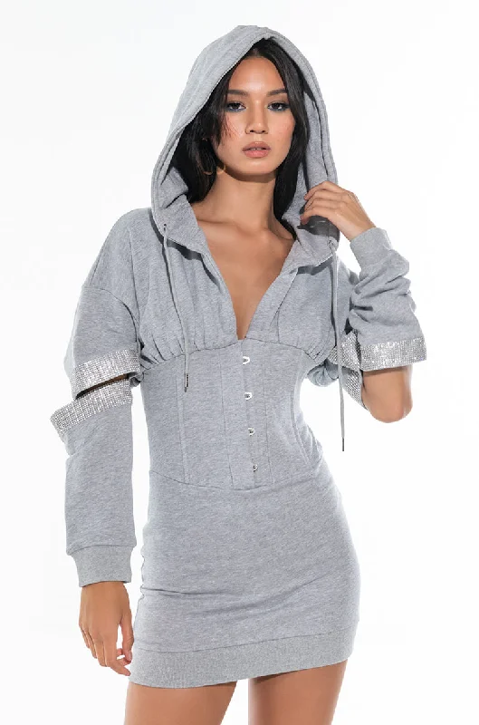 NO ONE LIKE YOU SWEATSHIRT DRESS WITH ATTACHED CORSET HEATHER CHARCOAL Hoodie with Oversized Fit Loose Comfortable
