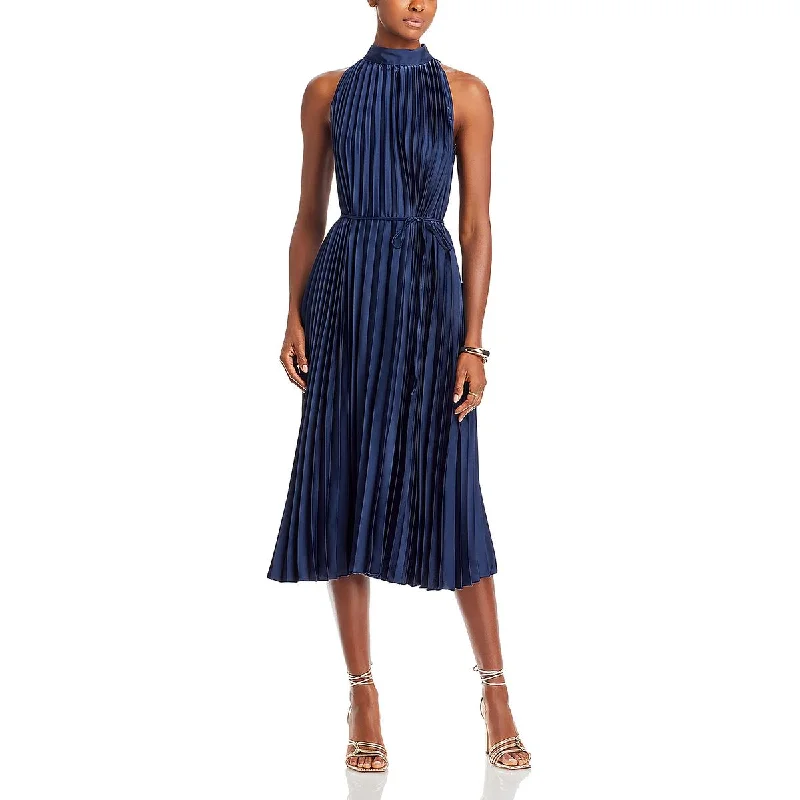 Womens Pleated High Neck Midi Dress Tunics Summer linen