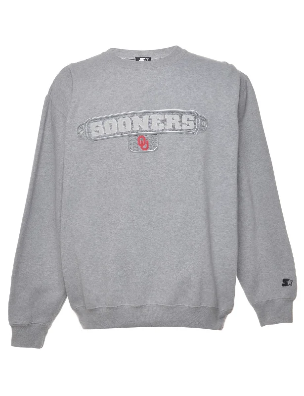 Grey Sooners Printed Sweatshirt - L Hoodie with Raglan Sleeves Sporty Comfortable