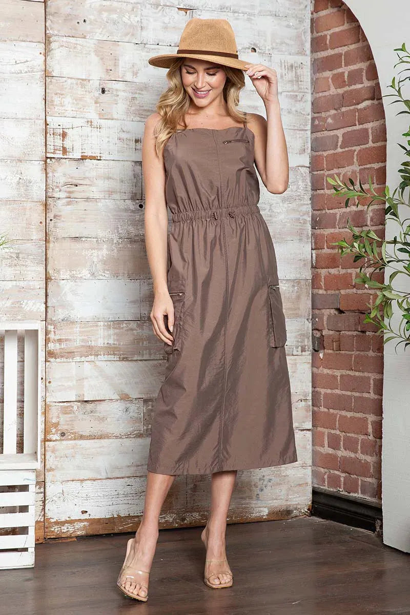 Utility Safari Style Zippered Pockets Drawstring Waist Midi Dress Tunics Chic fashionable