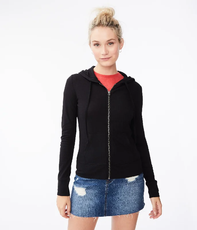 Aeropostale Solid Lightweight Full-Zip Hoodie Hoodie with Set-In Sleeves Structured Classic