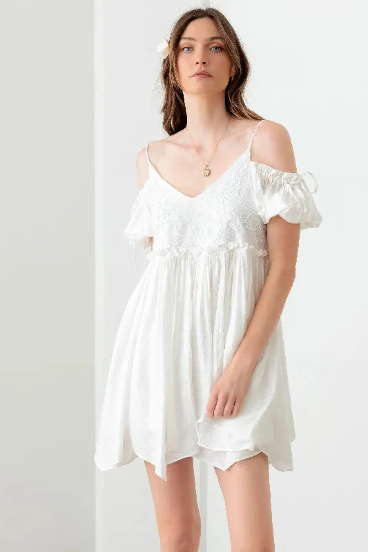 Embroidered Floral Shirred Cold Shoulder Mini Dress Tunics Cozy soft