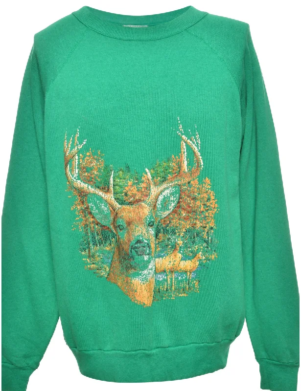 Green Reindeer Print Christmas Sweatshirt - L Hoodie with Hem Detail Decorative Unique