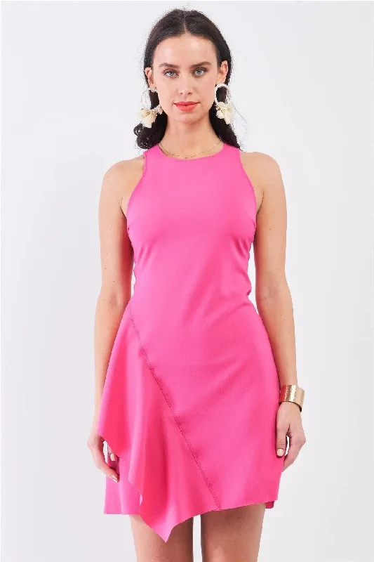 Hot-Pink Sleeveless Round Neck Fitted Asymmetrical Mini Dress Tunics Top rated