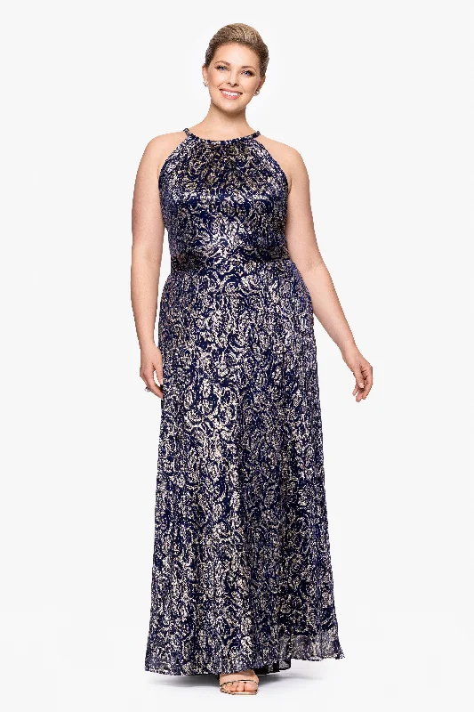 Plus "Shelley" Metallic Foil Halter Neck Floor Length Dress Tunics Essential wardrobe