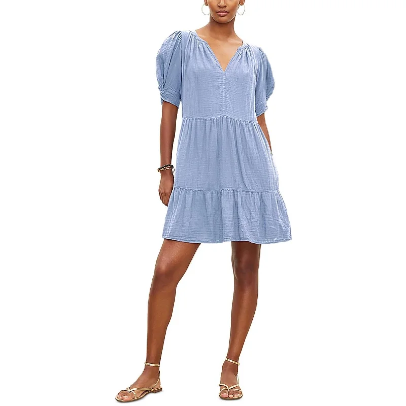 Womens Ruched Cotton Mini Dress Tunics Chic elegant