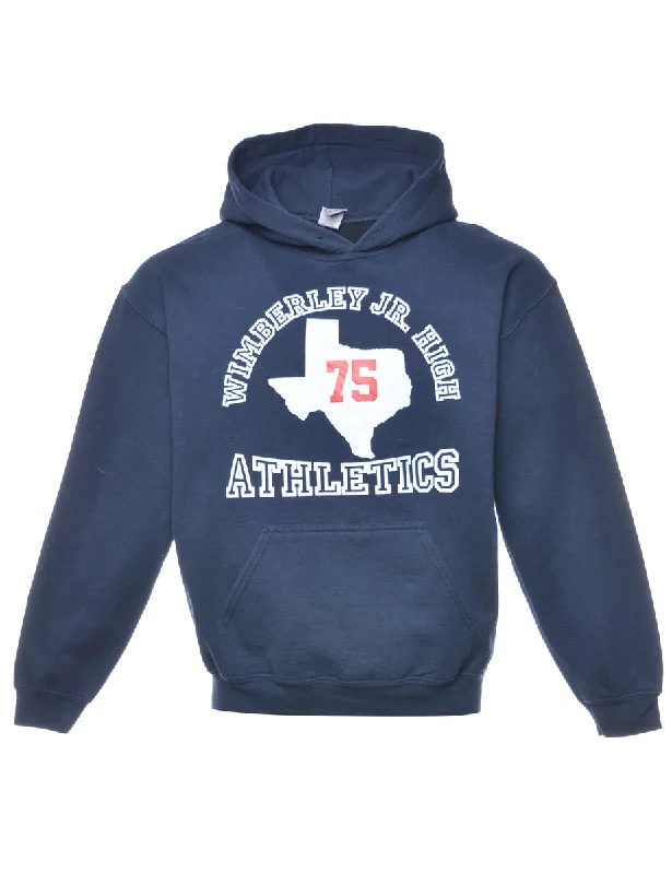 Navy Athletics Printed Hoodie - S Hoodie with Frayed Bohemian Relaxed