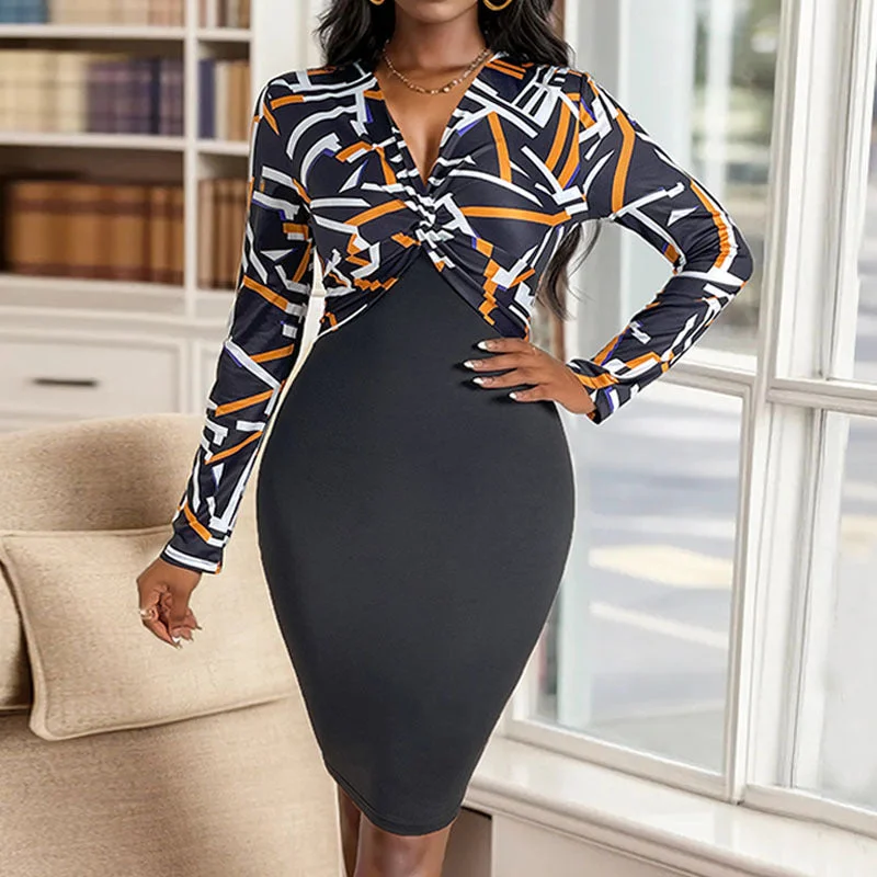 IKEARLAX autumn new twist V-neck high waist slim-fitting hip skirt geometric shape long-sleeved women's dress Tunics Office stylish