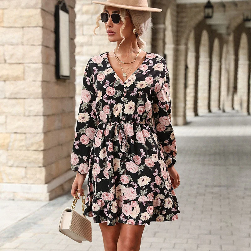 IKEARLAX  cross-border women's clothing  loose A-shaped skirt long-sleeved v-neck  flower print dress wholesale Tunics Distressed trendy