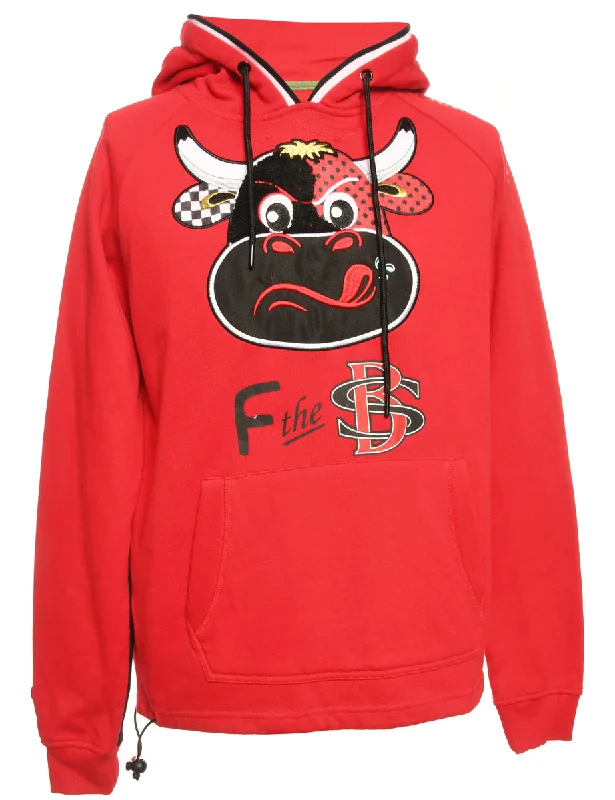 Red Embroidered Hooded Animal Sweatshirt - S Hoodie with Double Zipper Versatile Adjustable