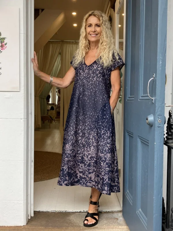 Jiva Cotton Greta Dress - Navy/ Mauve Tunics Luxurious high-end