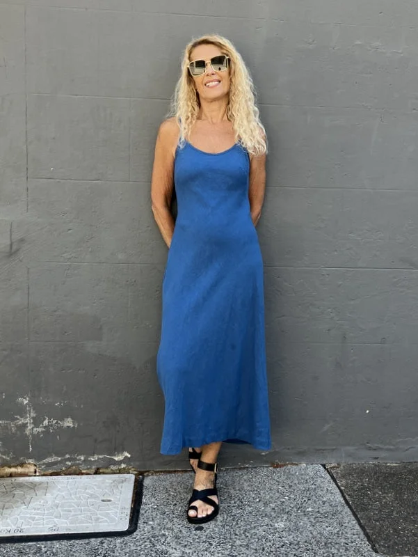 Jiva Antique Wash Linen Shoestring Slip Dress - Dark Blue Tunics Polka dots