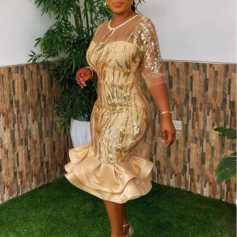 Zjkrl  -  Women Party Dresses Mesh See Through Sequined African Celebrate Sheath Three Quarter Sleeves Evening Princess Dress Womans New Tunics Chic fashionable