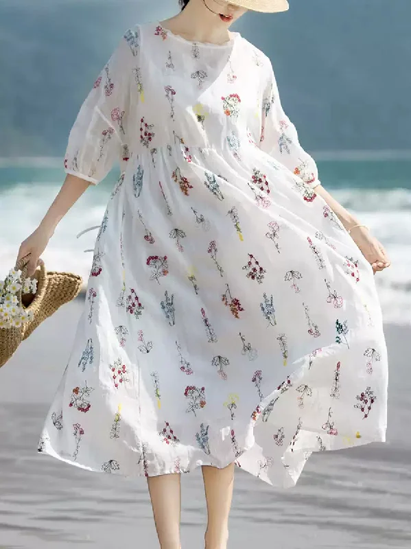 Women Artsy Summer Flower Embroidery 100%Ramie Dress Boatneck Modish Everyday