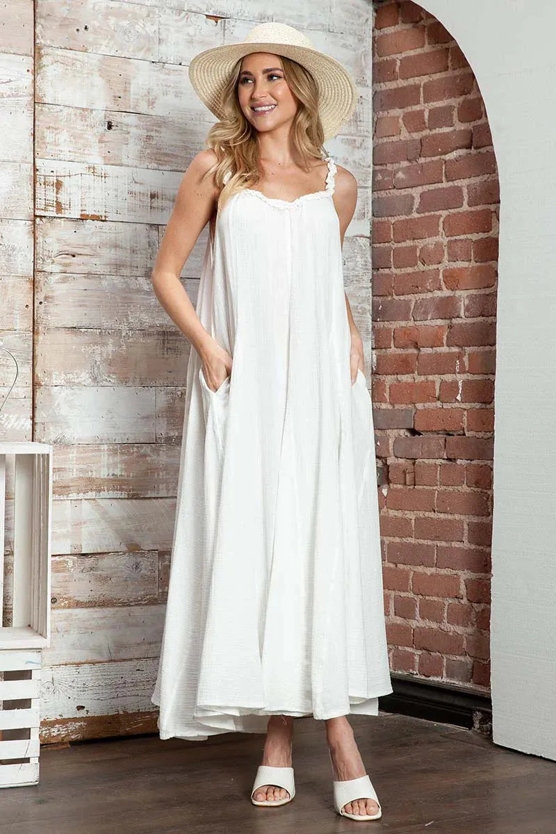 Boho Flowy Cotton Ruffle Strap Pockets A-Line Maxi Dress Tunics Cozy comfortable