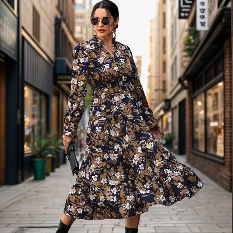 IKEARLAX 2025  New autumn floral temperament commuter dress retro printed women's dress V-neck fashion dress Tunics Spring floral