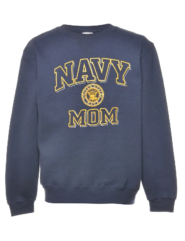 Navy Mom Printed Sweatshirt - M Hoodie with Metallic Shiny Futuristic