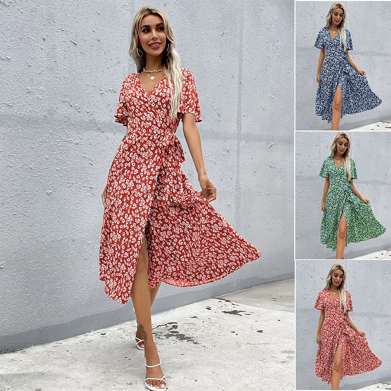 IKEARLAX  women's clothing summer lotus leaf sleeves one-piece lace-up floral  trade waist dress Tunics Mesh breathable