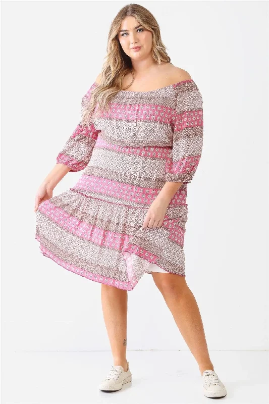Plus Size  Stripe Print Ruffle Flare Hem Midi Dress Tunics Practical durable