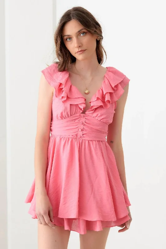 Doll Pink Ruffle Detail Front Button Romper Mini Dress Pencil Office Professional