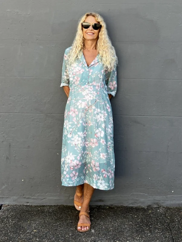 Jiva 50's Dress - Pink Frangipani Print - Silk Cotton empire Waist empire
