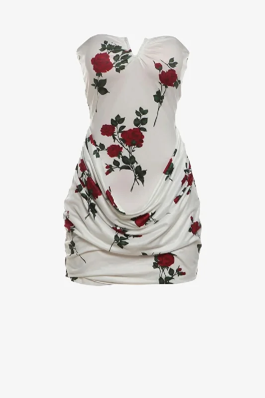 Rose Print Strapless Mini Dress A-Line Day Work