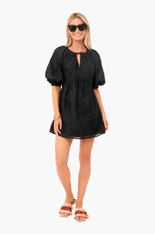 Noir Eyelet Puff Sleeve Dress Tunics Yoga stretchy