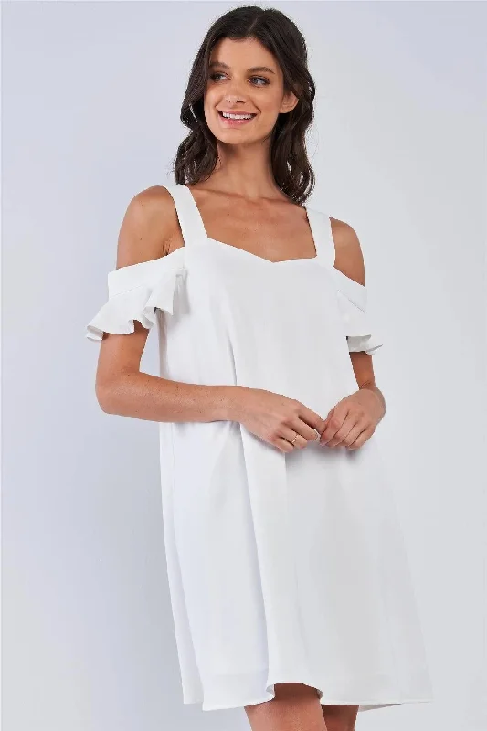 Off-White Relaxed Fit V-Neck Ruffle Sleeve Mini Dress Tunics Versatile functional