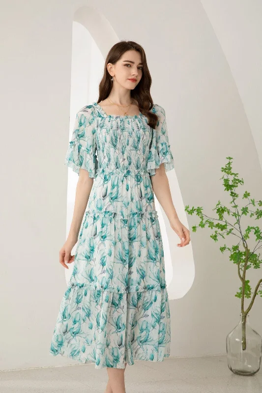GDS RISETTE SILK LONG DRESS BLUE Crew Neckline Casual