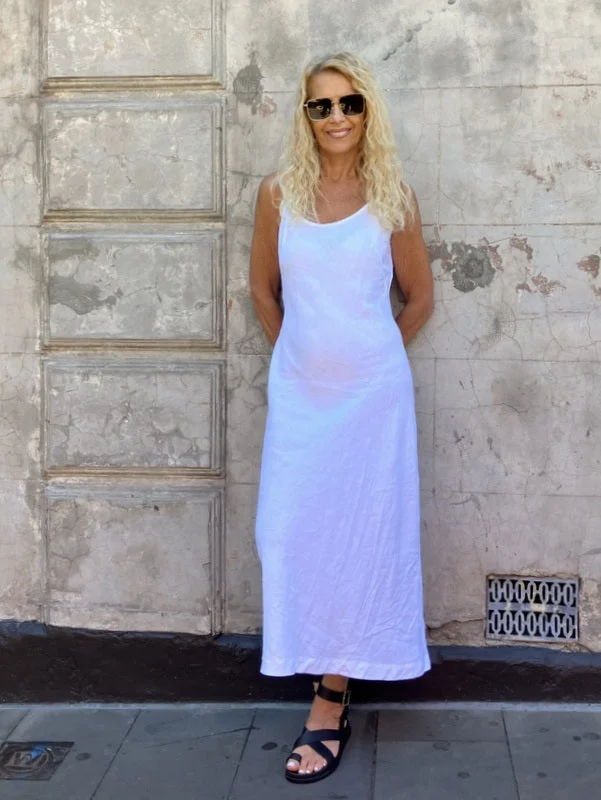 Jiva Antique Wash Linen Shoestring Slip Dress - White Square Neckline Feminine