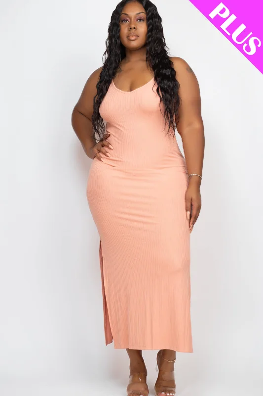 Plus Size Ribbed Side Slit Long Cami Maxi Dress Turtleneck Neckline Stylish