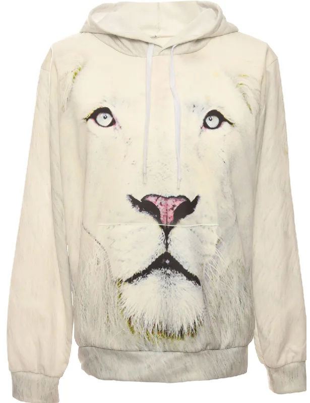 White Lion Sweatshirt - L Hoodie with Batwing Sleeves Loose Dramatic