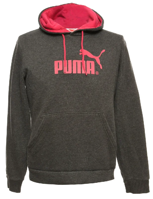 Grey Puma Printed Hoodie - M Hoodie with Exposed Zipper Edgy Industrial