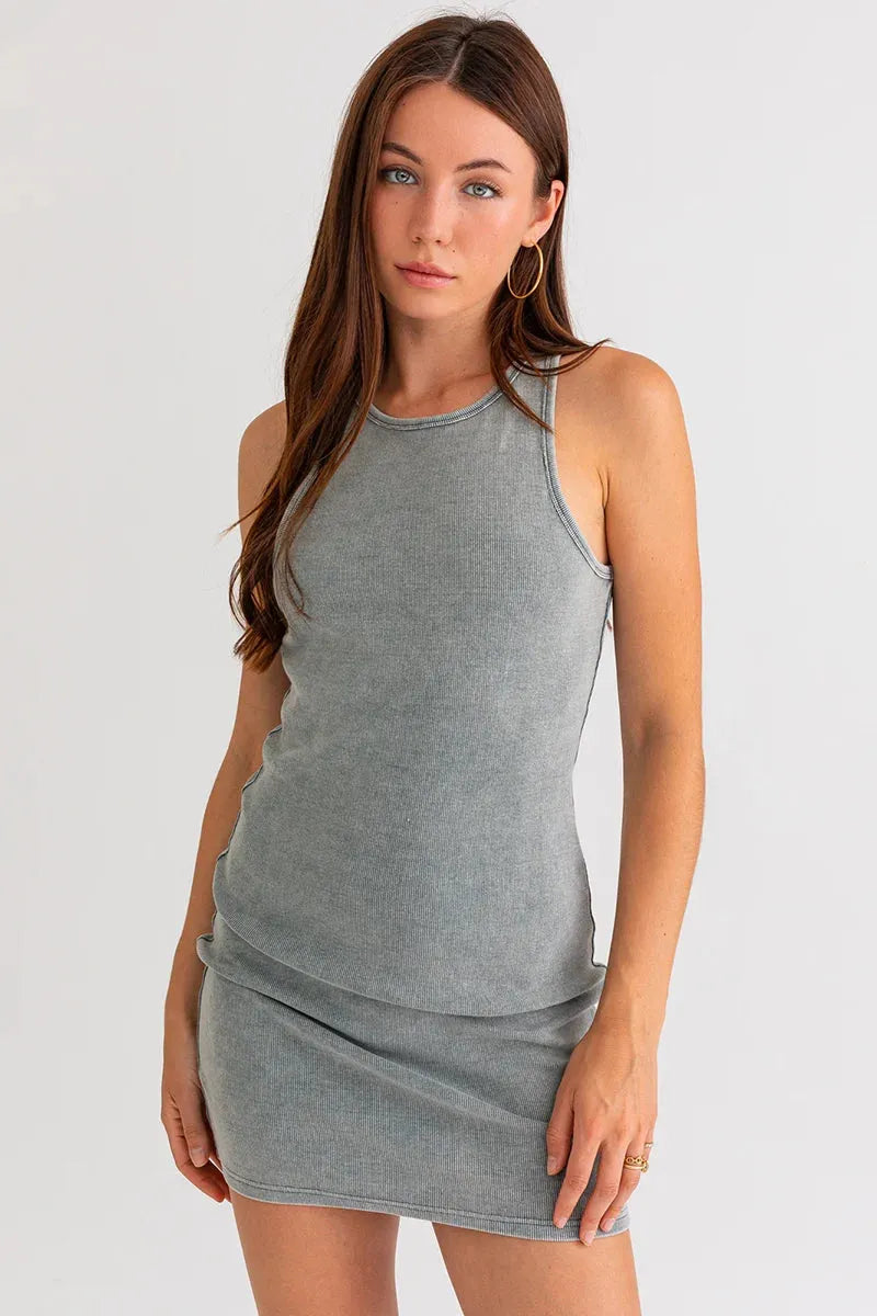 Binding Tank Washed Rib Mini Dress Halter Neckline Beach