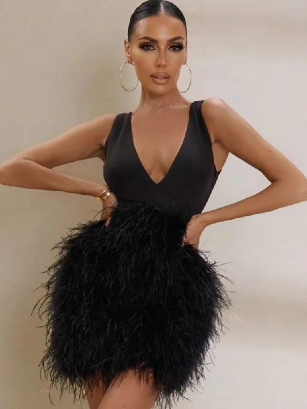 Zjkrl Black Feather Dresses for Women 2023 Spring V-neck Sleeveless Lace-up Backless High Waist Tunics Short Evening Party Dresses Tunics Denim casual