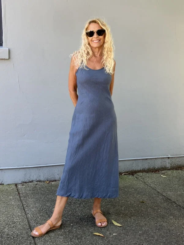 Jiva Antique Wash Linen Shoestring Slip Dress - MIdnight Crew Neckline Sporty