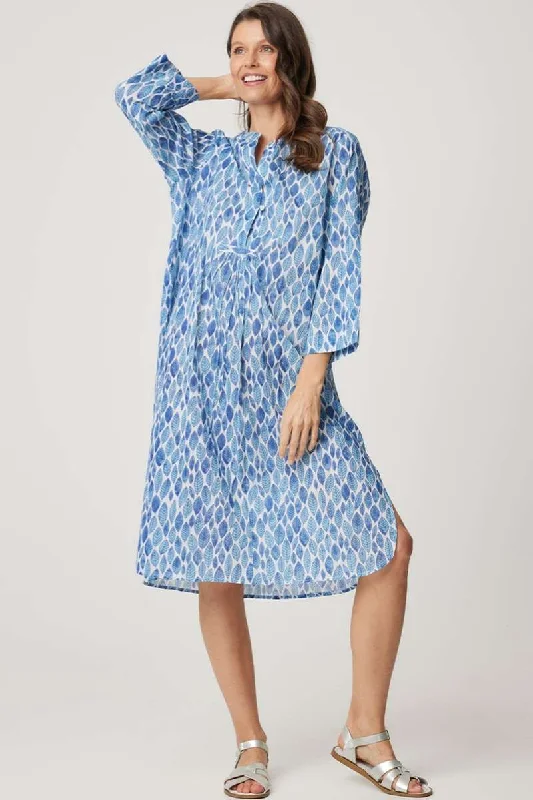 Seasonal Dress in Blue Leaf 49032D by Cake Clothing Square Neckline Feminine