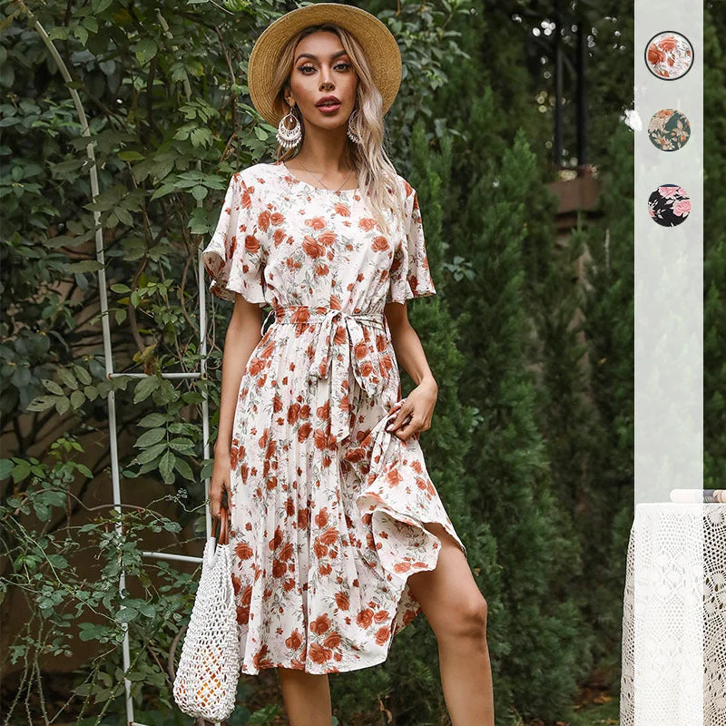 IKEARLAX independent station cross-border  summer  floral lotus leaf sleeve oil painting lace-up pleated dress women Tunics Distressed trendy