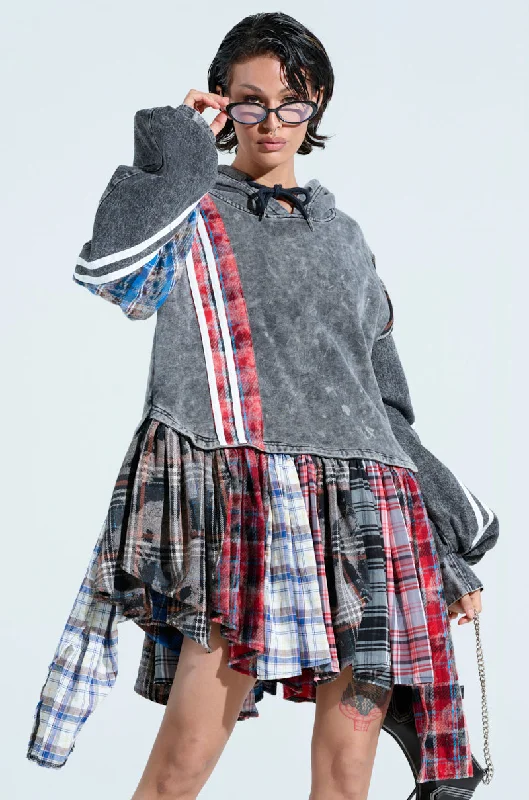 A LITTLE BIT OF EVERYTHING PLAID SWEATSHIRT DRESS Hoodie with Metallic Shiny Futuristic
