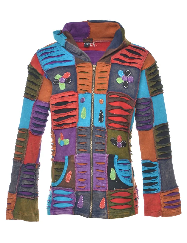 Razor Cut Ethnic Hippy Patched Hoodie  - S Cotton Hoodie Fleece Lining Warmth