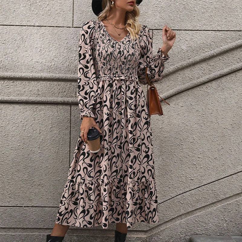 IKEARLAX foreign trade long dress New autumn and winter new 2025 women's clothing  V-neck long-sleeved printed dress Tunics Gym athletic