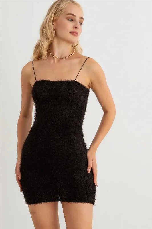 Fuzzy Knit Strapy Off The Shoulder Mini Dress Tunics Yoga stretchy