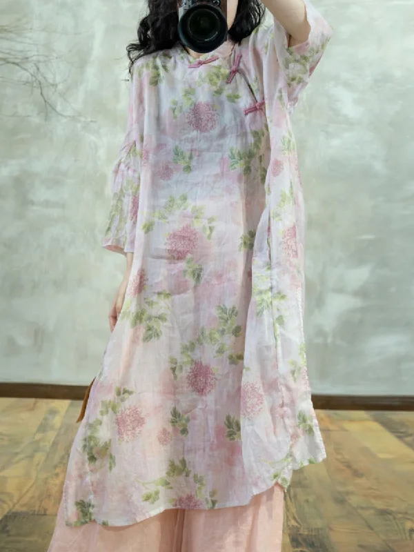 Women Spring Artsy Stand Collar Flower 100%Ramie Dress Shift Classic Vintage