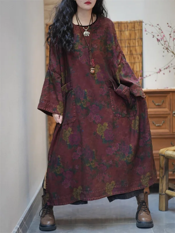 Women Spring Retro Flower O-Neck Maxi Dress A-Line Day Work