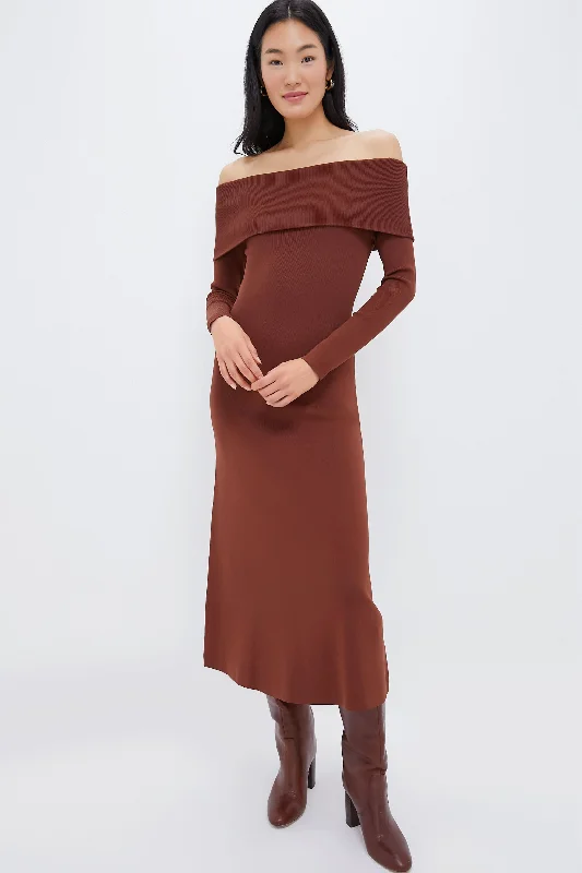 Mocha Knit Off-The-Shoulder Adrianna Dress Tunics Cozy comfortable